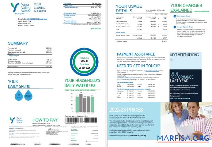 Realistic Melbourne Yarra Valley Water water business utility bill Word and PDF formats, 2 pages example